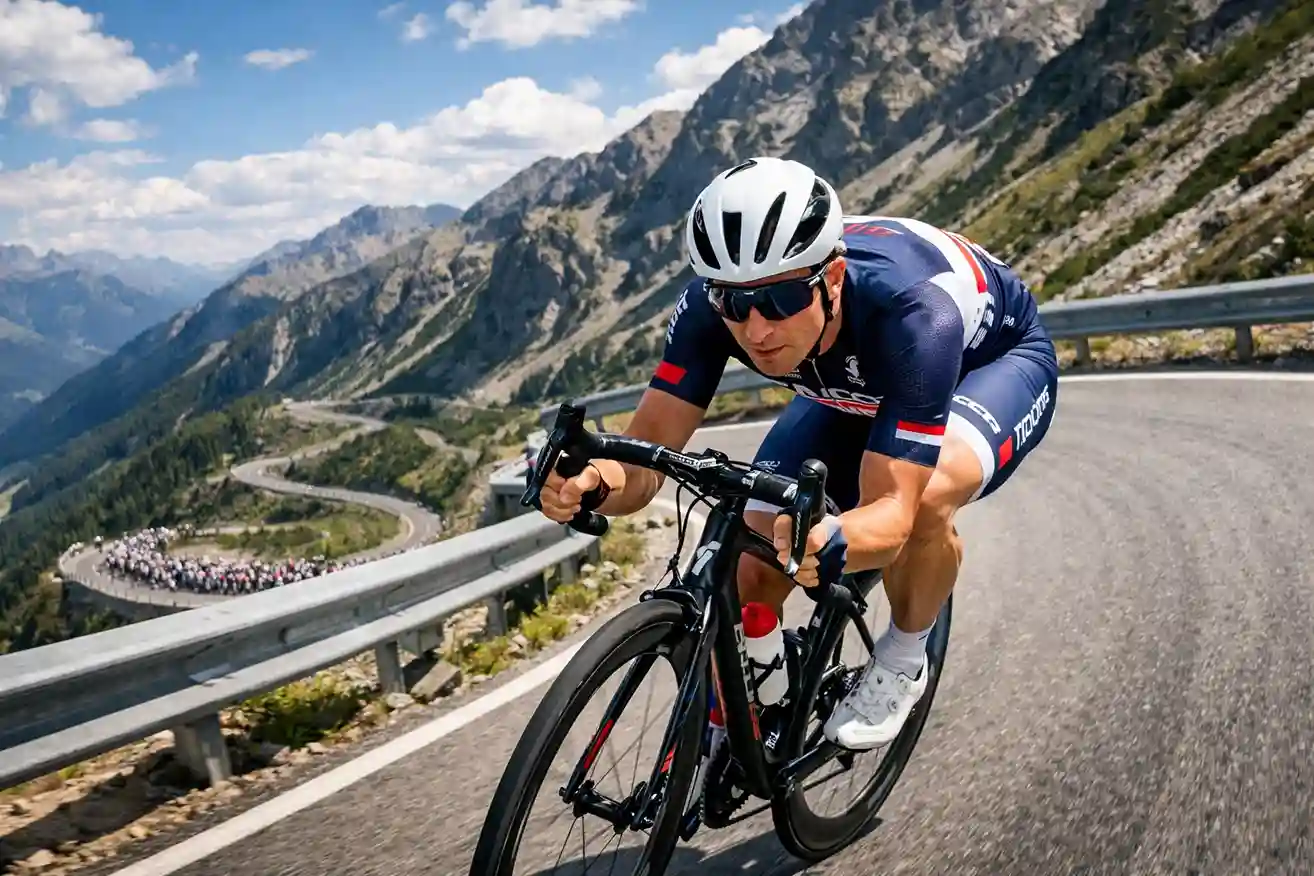 Wielrenner in ontsnapping op bergweg met peloton op afstand