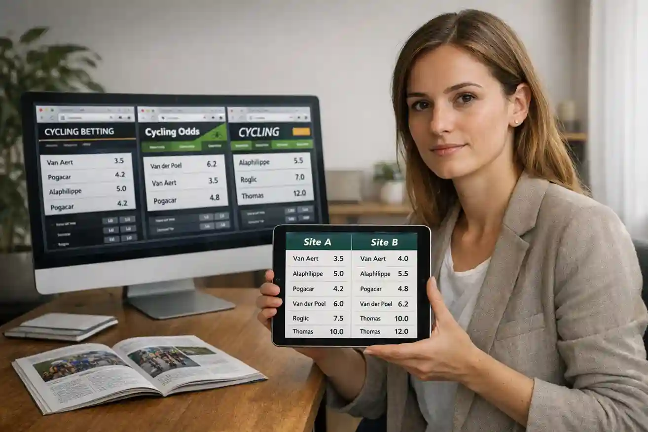 Persoon vergelijkt verschillende weddenschapsopties op een tablet met wielerkoers op de achtergrond