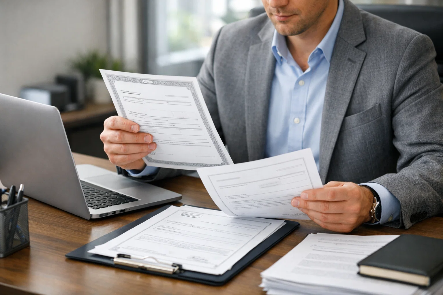 Persoon controleert documenten aan bureau
