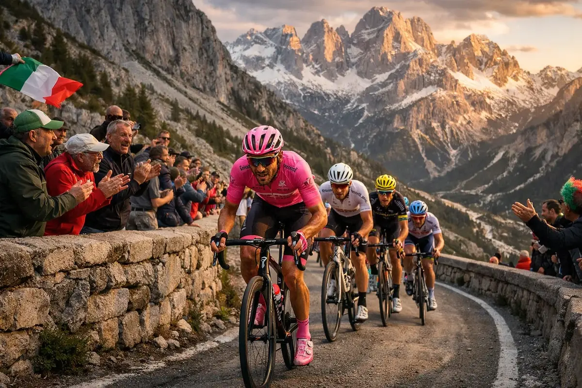 Wielrenners beklimmen een Italiaanse bergpas in de Giro d'Italia