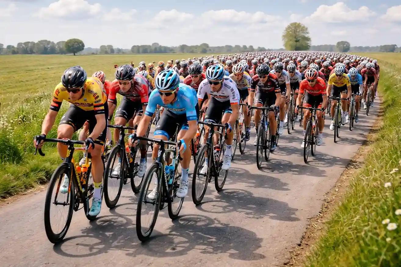 Wielrenners in het peloton tijdens een voorjaarsklassieker op een smalle weg