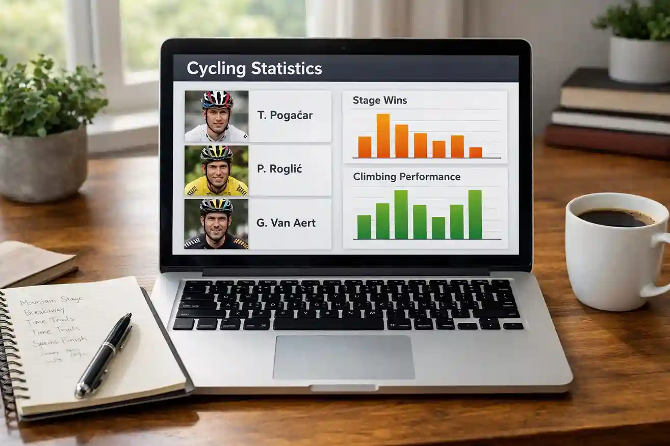 Laptop met wielrenstatistieken en koersgegevens op scherm
