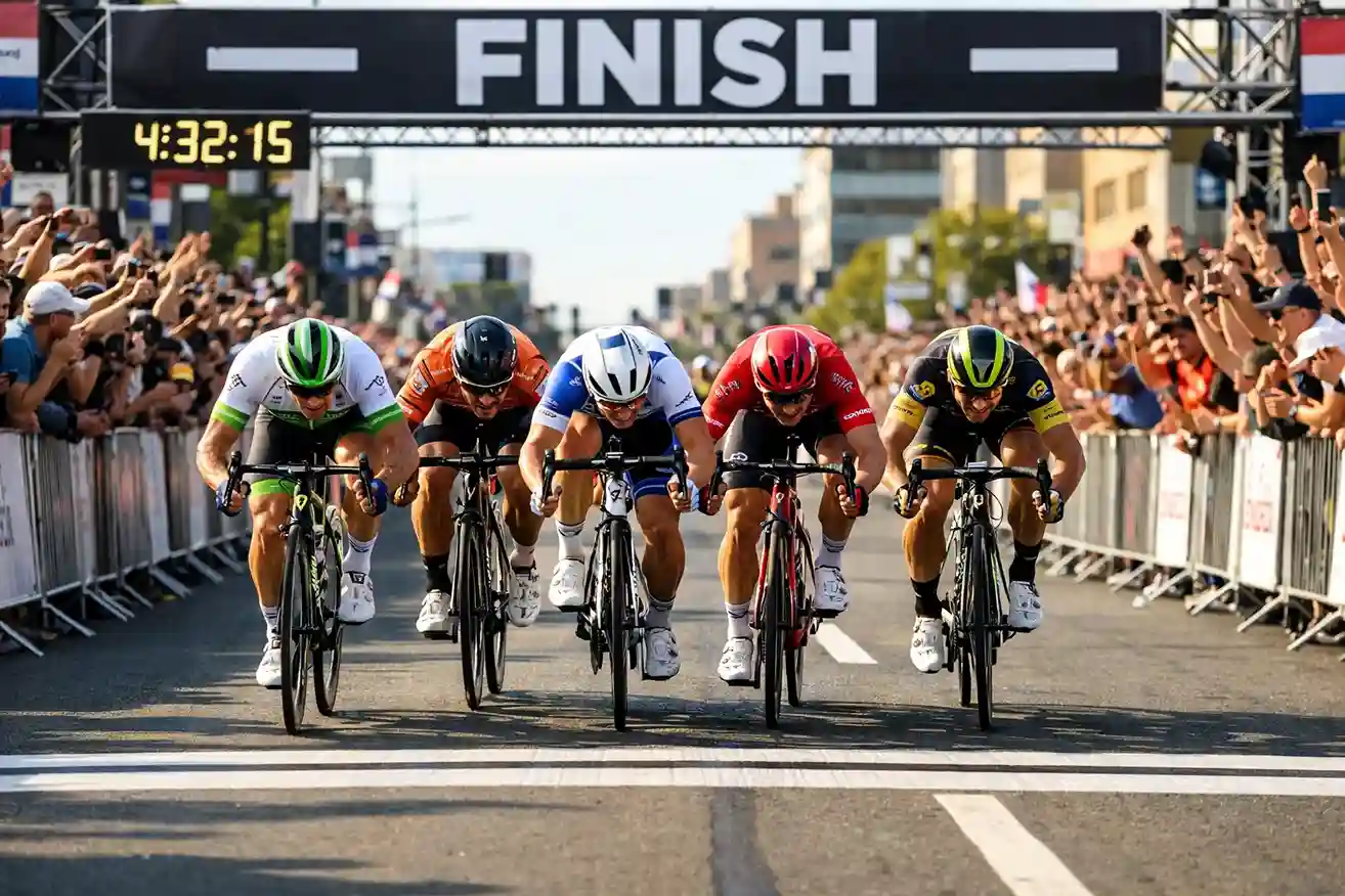 Sprinters in massasprint tijdens vlakke etappe finish