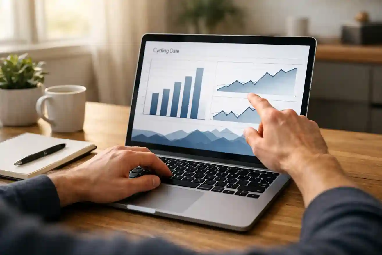 Persoon analyseert wielrenweddenschappen op laptop