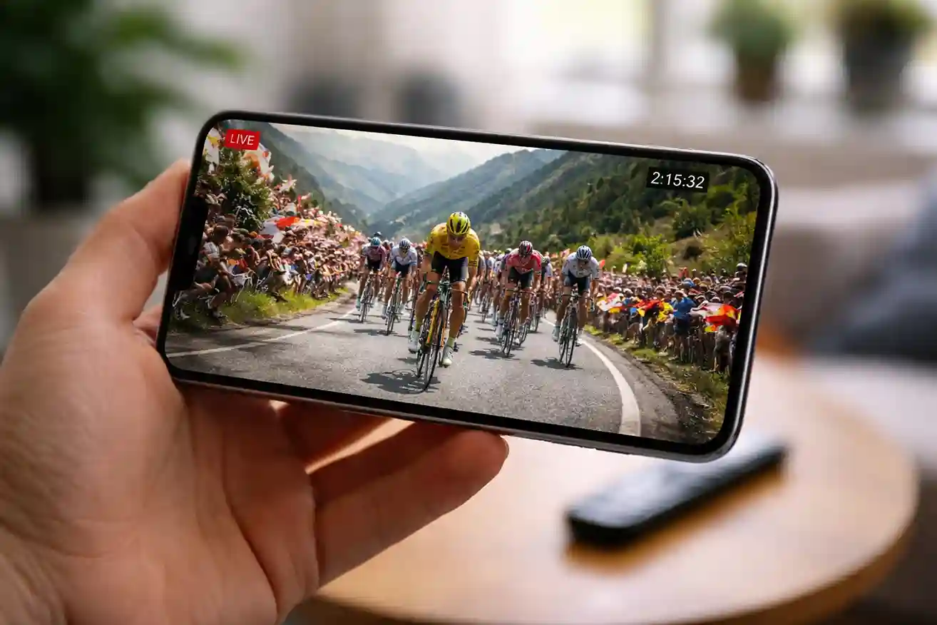 Smartphone met live wielrenwedstrijd en wedopties