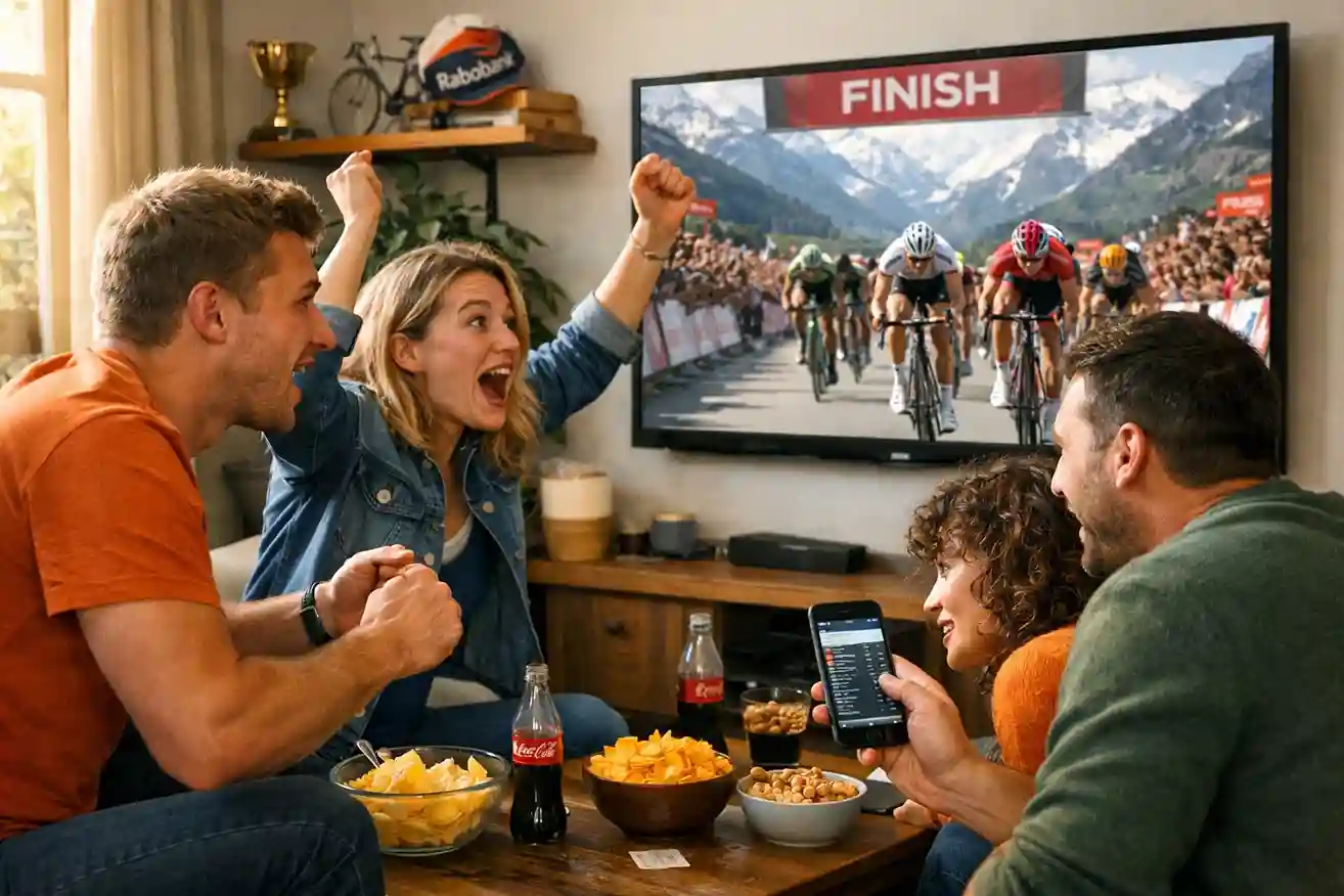 Groep wielrenfans kijkt gespannen naar een livekoers op groot scherm in een woonkamer