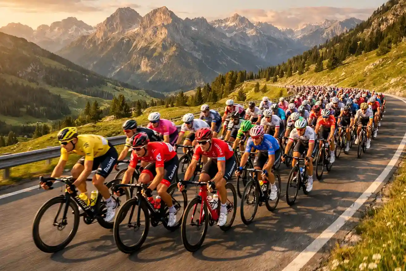 Wielrenners in peloton tijdens professionele wegwedstrijd