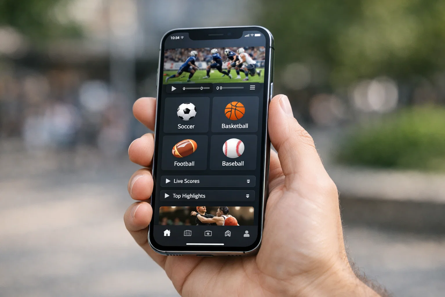 Hand houdt smartphone met sport-app interface