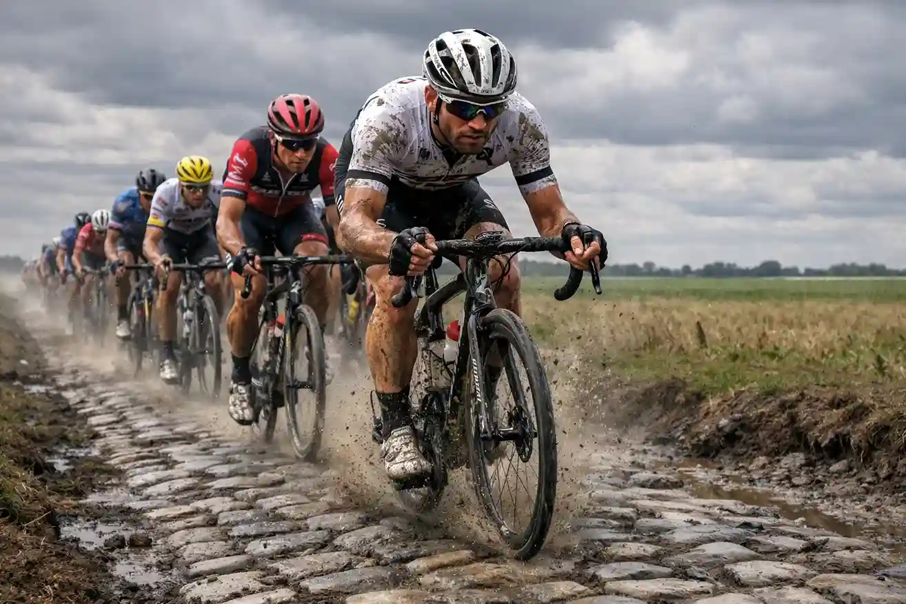 Wielrenners rijden over de beruchte kasseien van Parijs-Roubaix met stof en modder