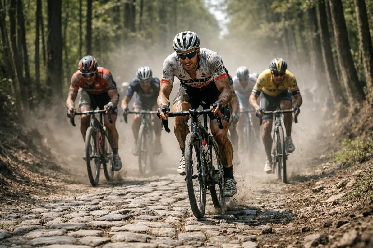 Wielrenners rijden over de kasseien van Parijs-Roubaix in een stofwolk