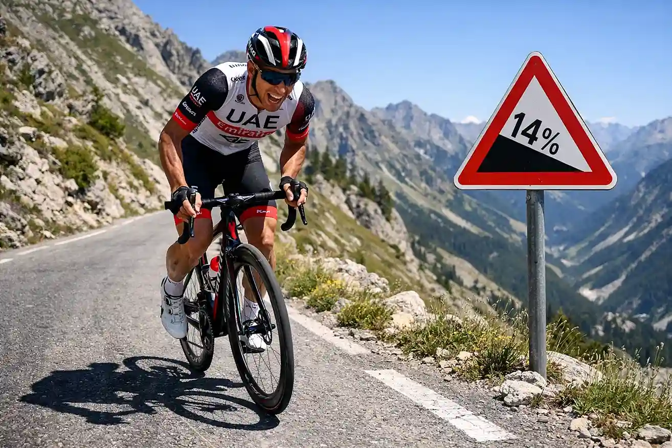 Klimmer alleen op steile bergweg tijdens wielerwedstrijd