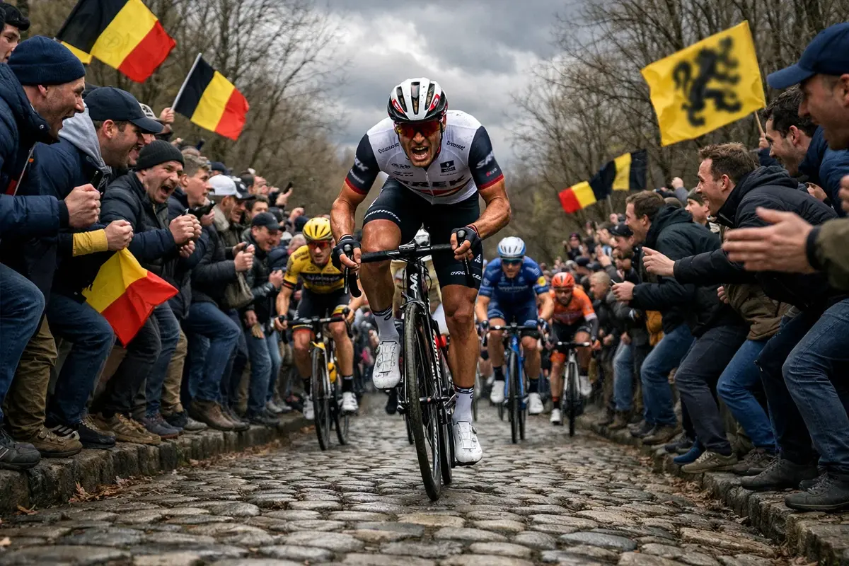 Wielrenners beklimmen een Vlaamse helling over kasseien tijdens de Ronde van Vlaanderen