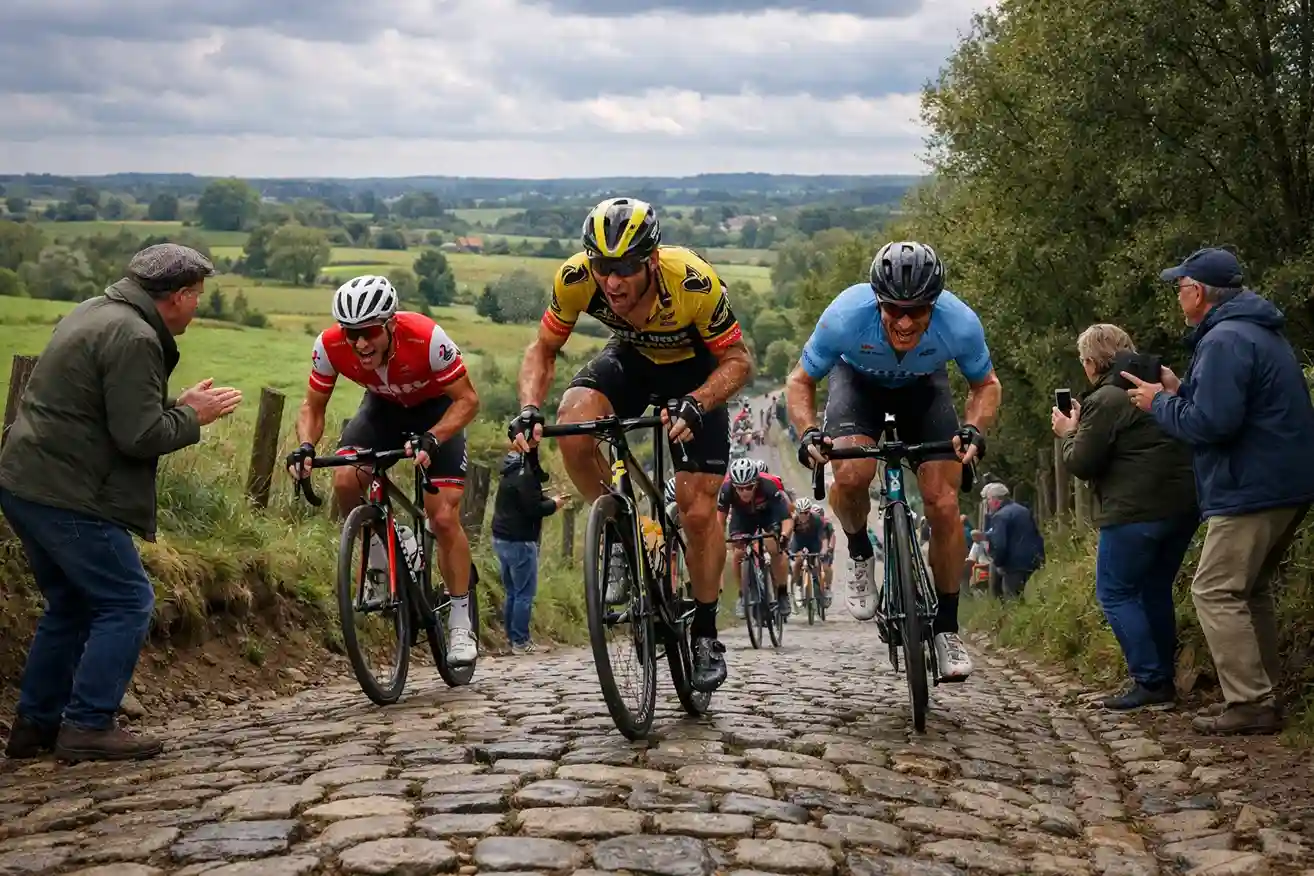 Wielrenners beklimmen een steile Vlaamse helling met kasseien langs een veld