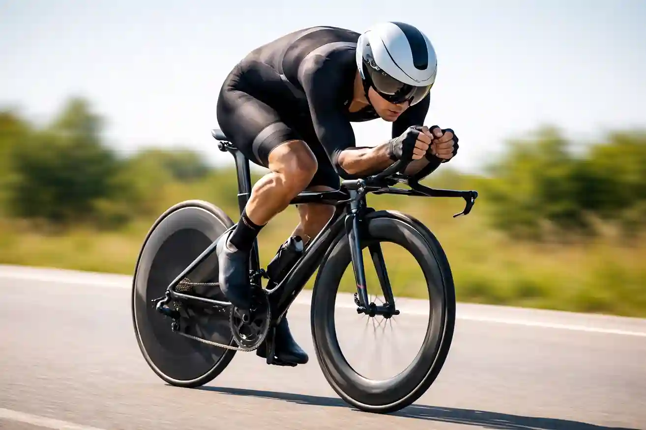 Tijdrijder in aerodynamische positie op tijdritfiets