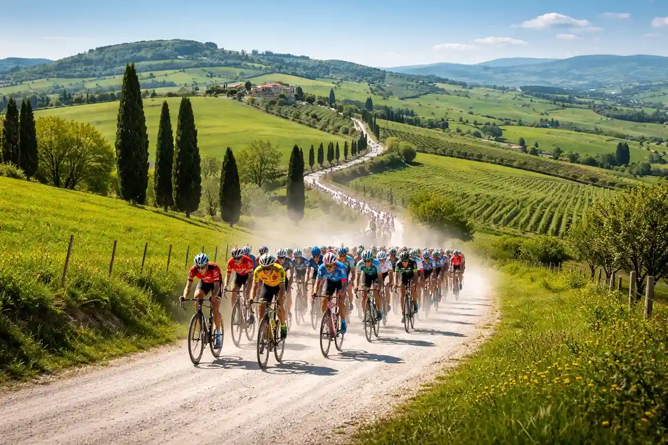 Wielrenners fietsen over witte grindwegen in het Toscaanse heuvellandschap