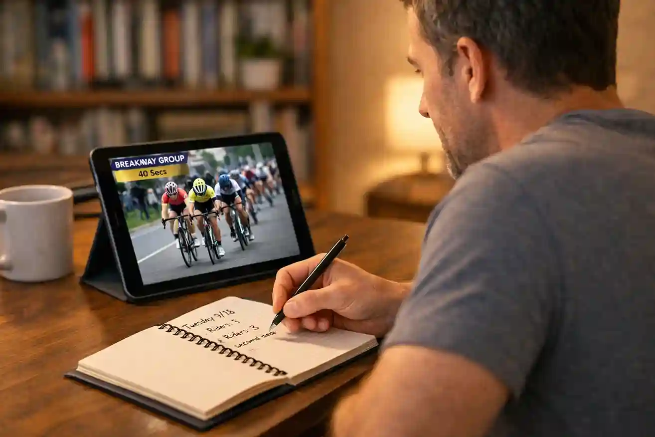 Wielerfan volgt koers op tablet met aantekeningen erbij