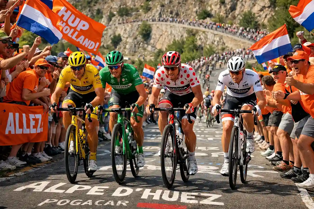 Wielrenners beklimmen een steile berg in de Alpen tijdens de Tour de France met publiek langs de kant