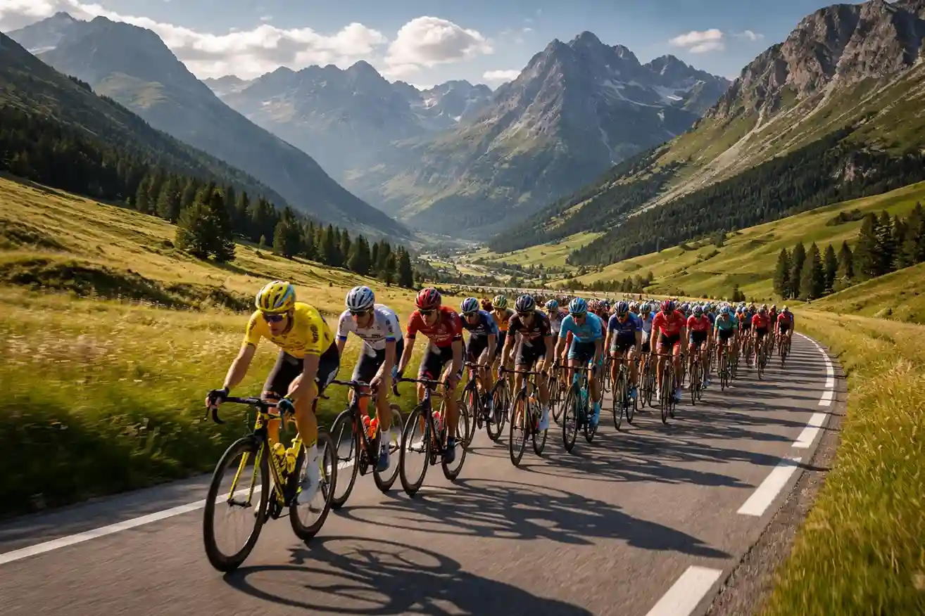 Peloton wielrenners in berglandschap tijdens Tour de France