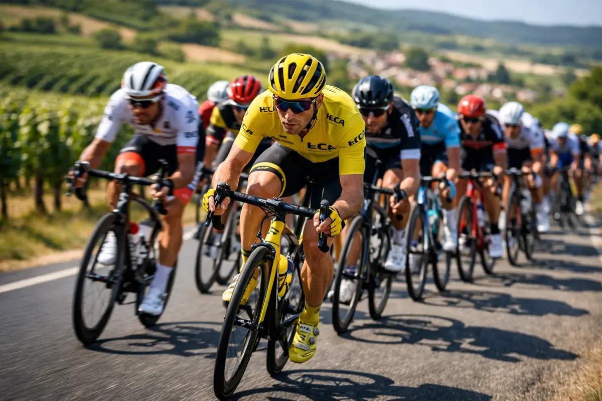 Wielrenners in het peloton tijdens de Tour de France met de gele trui