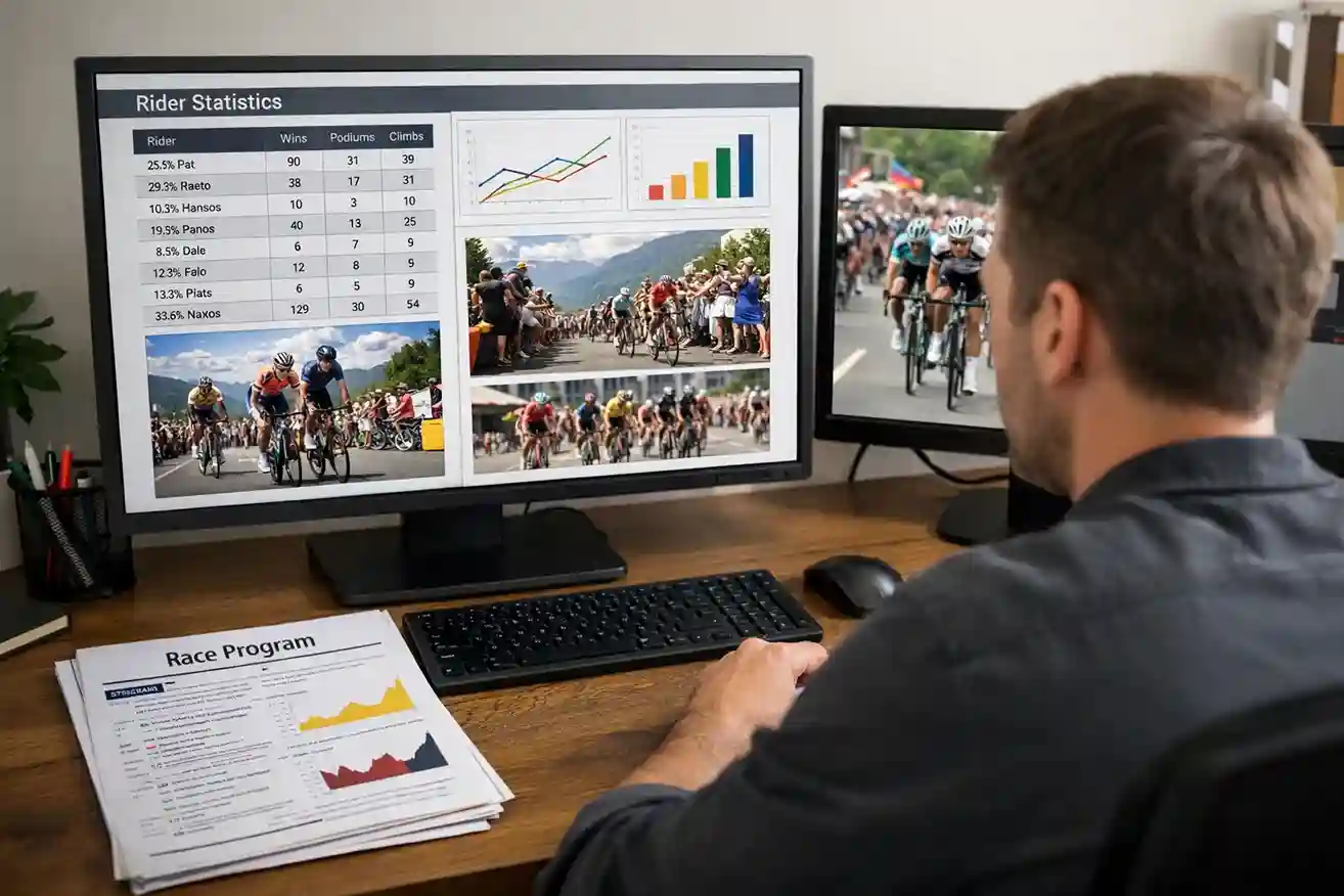 Wielerfan bestudeert rennerstatistieken op computer