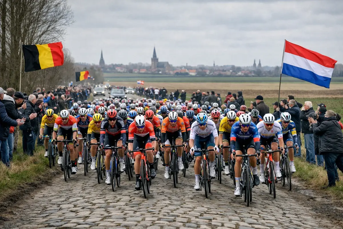 Peloton wielrenners over Vlaamse kasseien tijdens het voorjaar