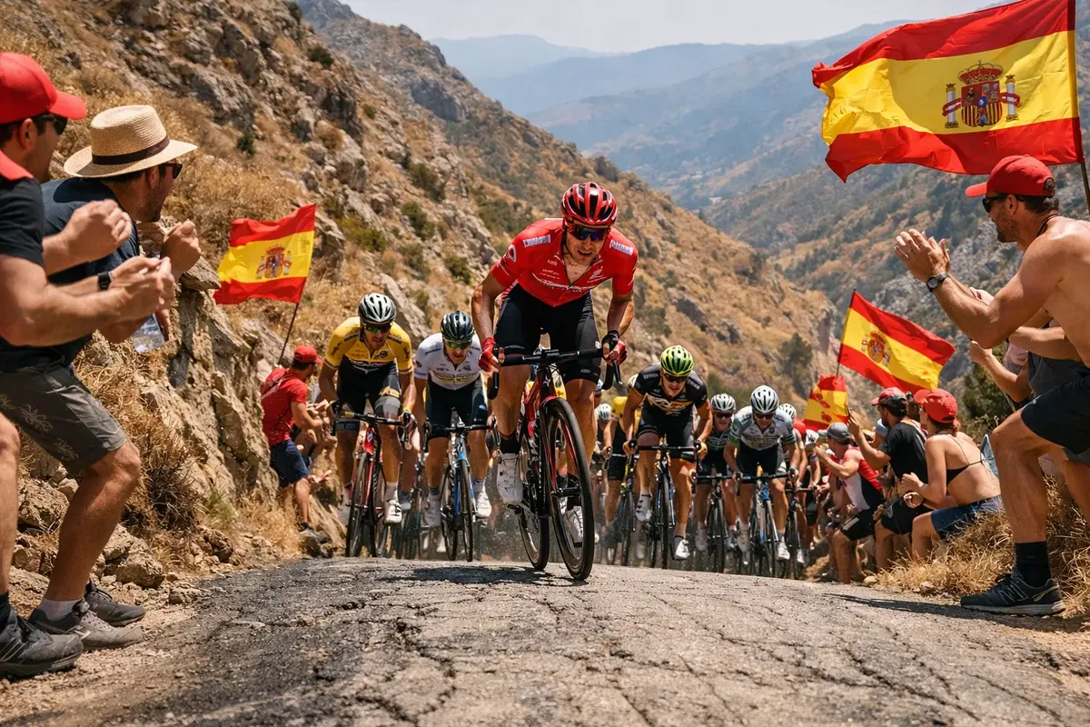 Wielrenners tijdens de Vuelta a España op een steile Spaanse bergweg