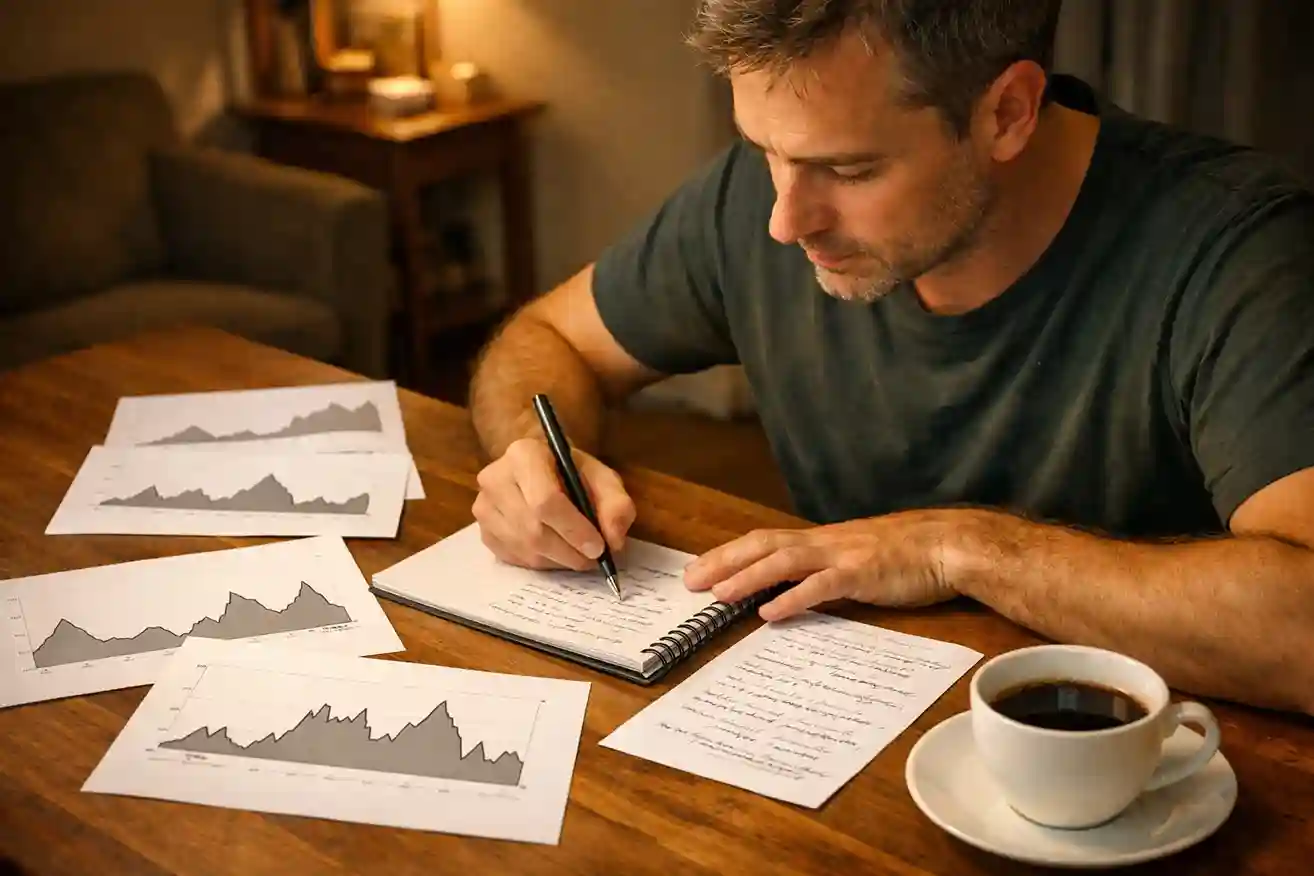 Persoon bestudeert wielrendata en koersprofielen op een notitieblok