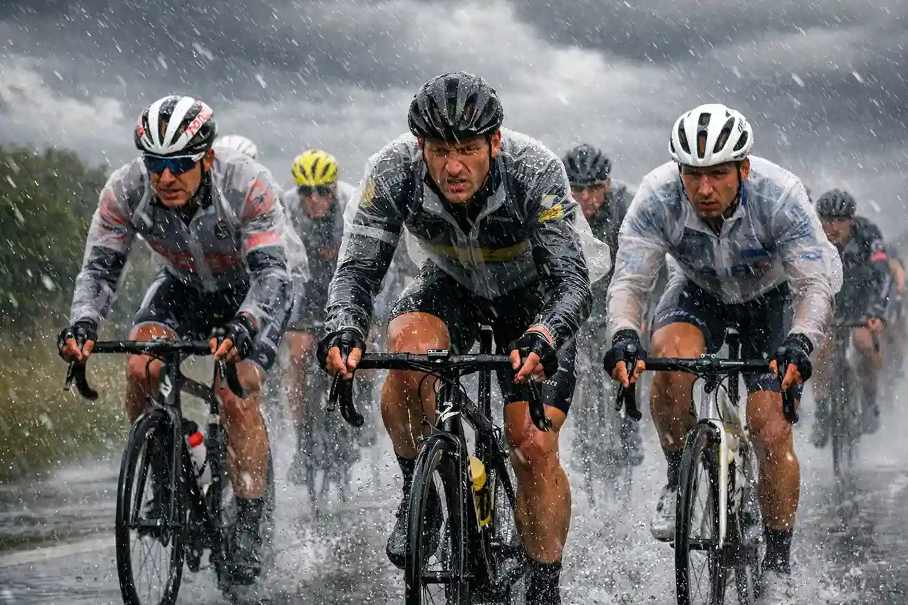 Wielrenners koersen door regen en wind tijdens een voorjaarsklassieker