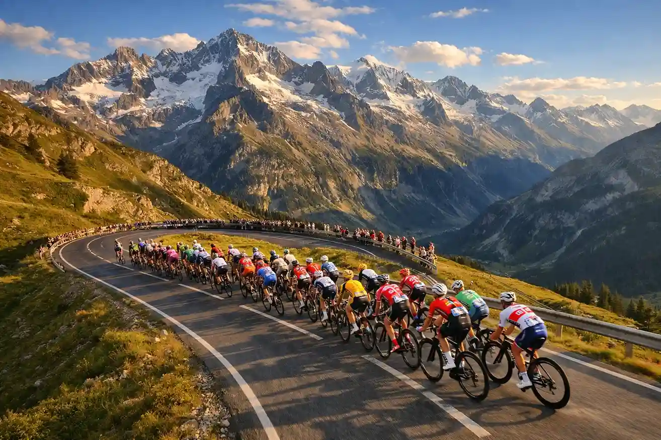 Professionele wielrenners in het peloton tijdens een bergrit met uitzicht op besneeuwde bergtoppen