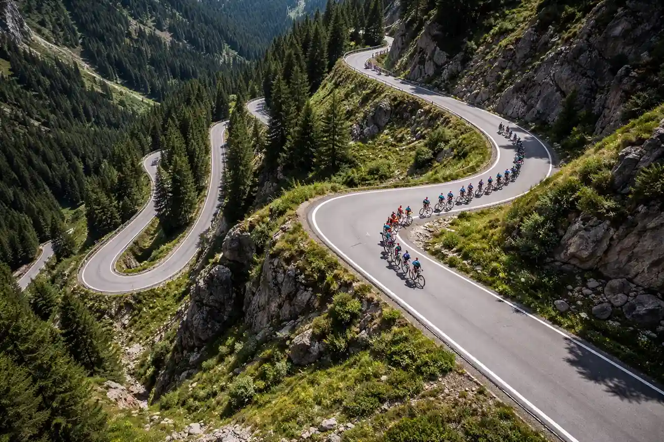 Wielrenners op bergweg met haarspldbochten