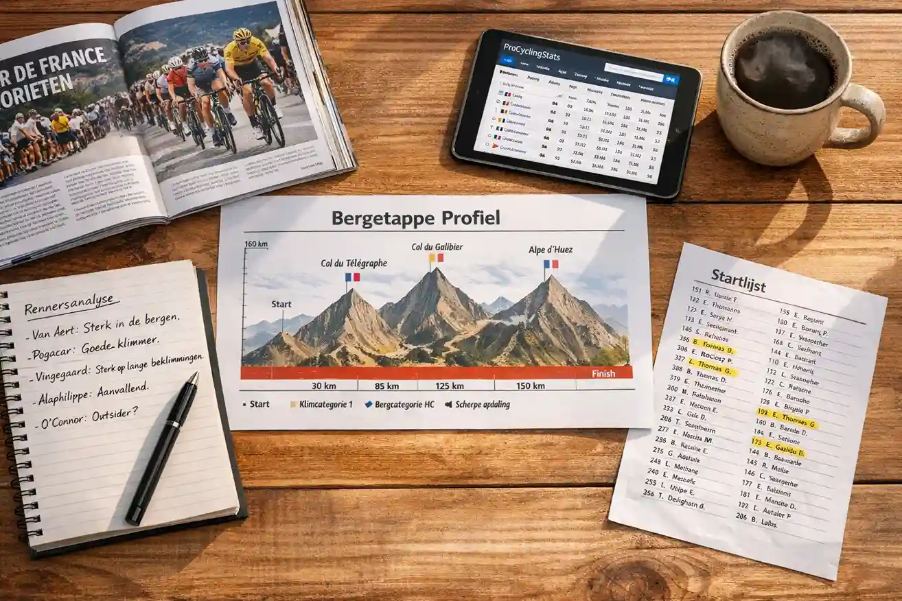Strategische notities en parcoursprofiel van een wielerkoers naast een kopje koffie op een bureau