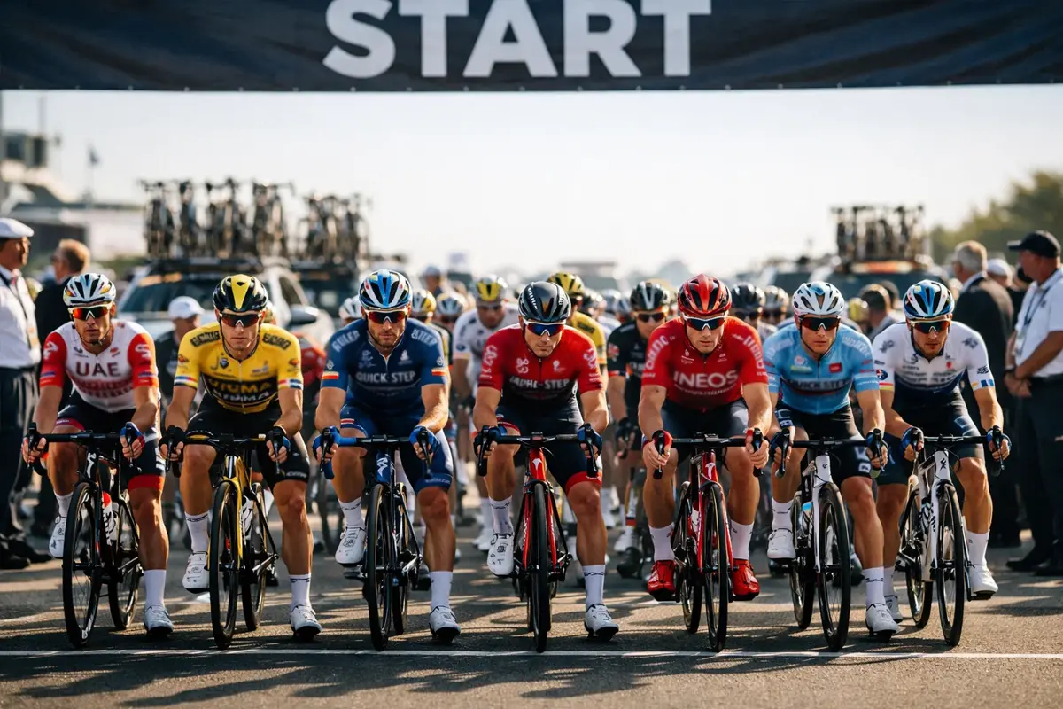 Wielrenners aan de startlijn klaar voor de koers