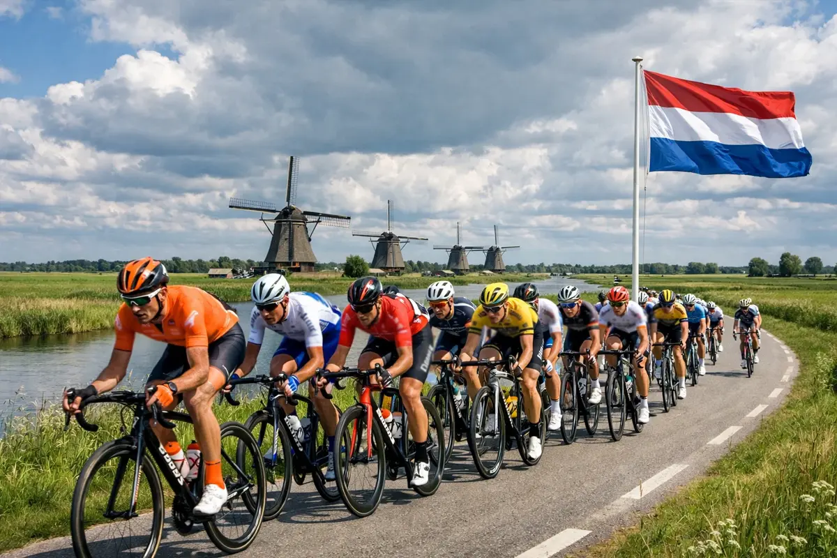 Wielrenners in actie met Nederlandse vlag op de achtergrond