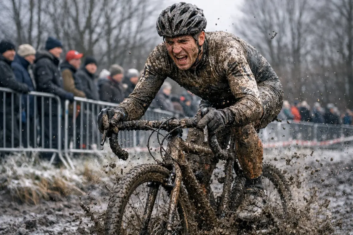 Veldrijder door de modder tijdens een cyclocrosswedstrijd