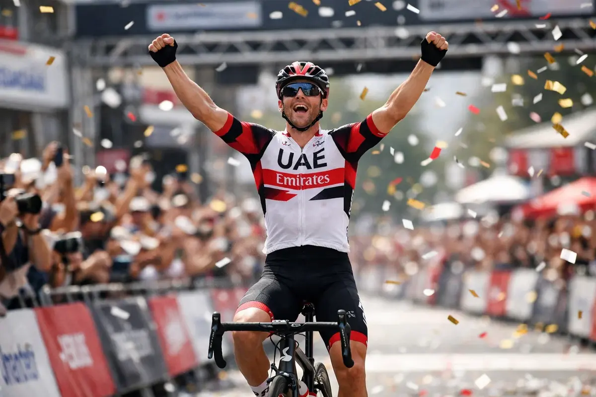 Wielrenner viert overwinning met armen omhoog over de finishlijn