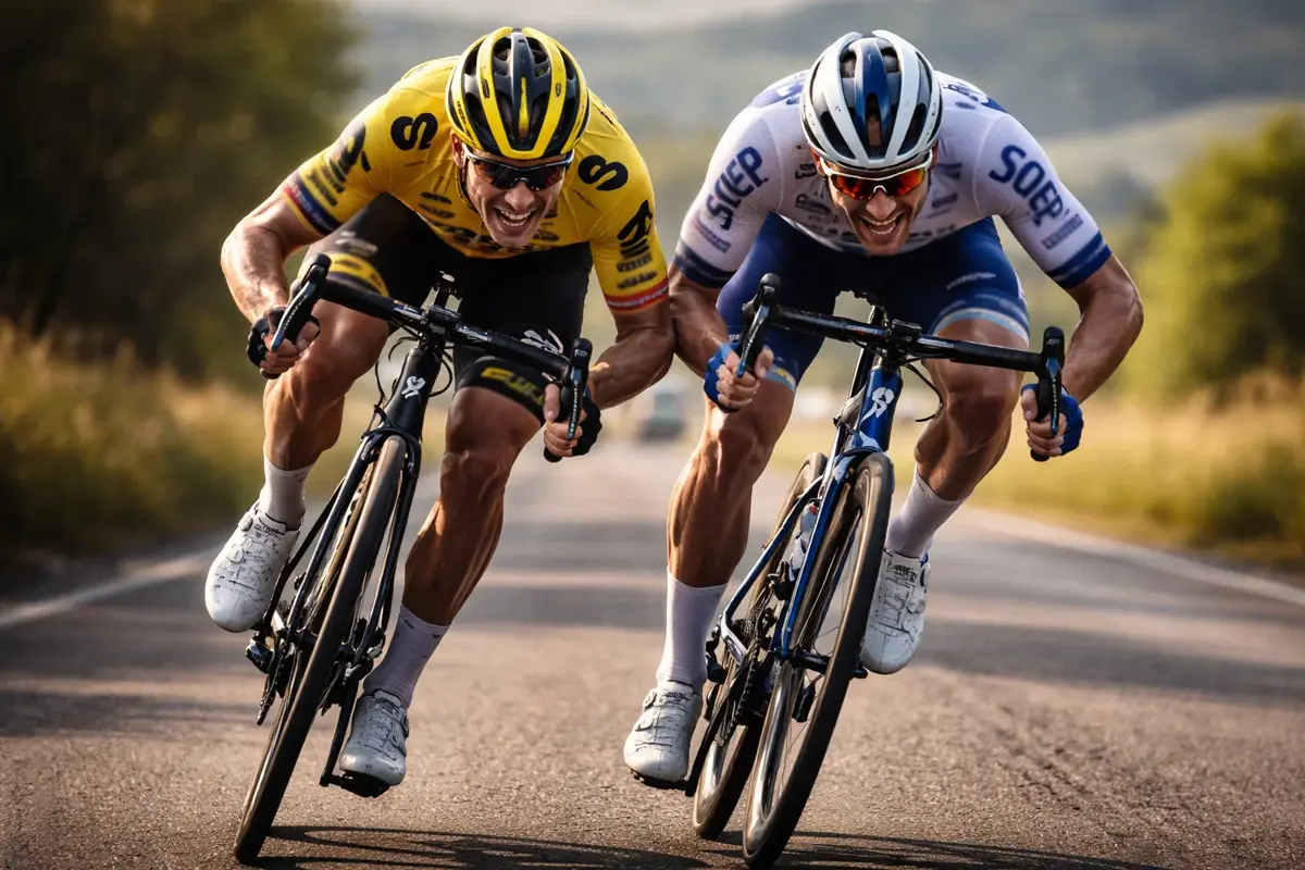 Twee wielrenners zij aan zij in een direct duel tijdens een koers