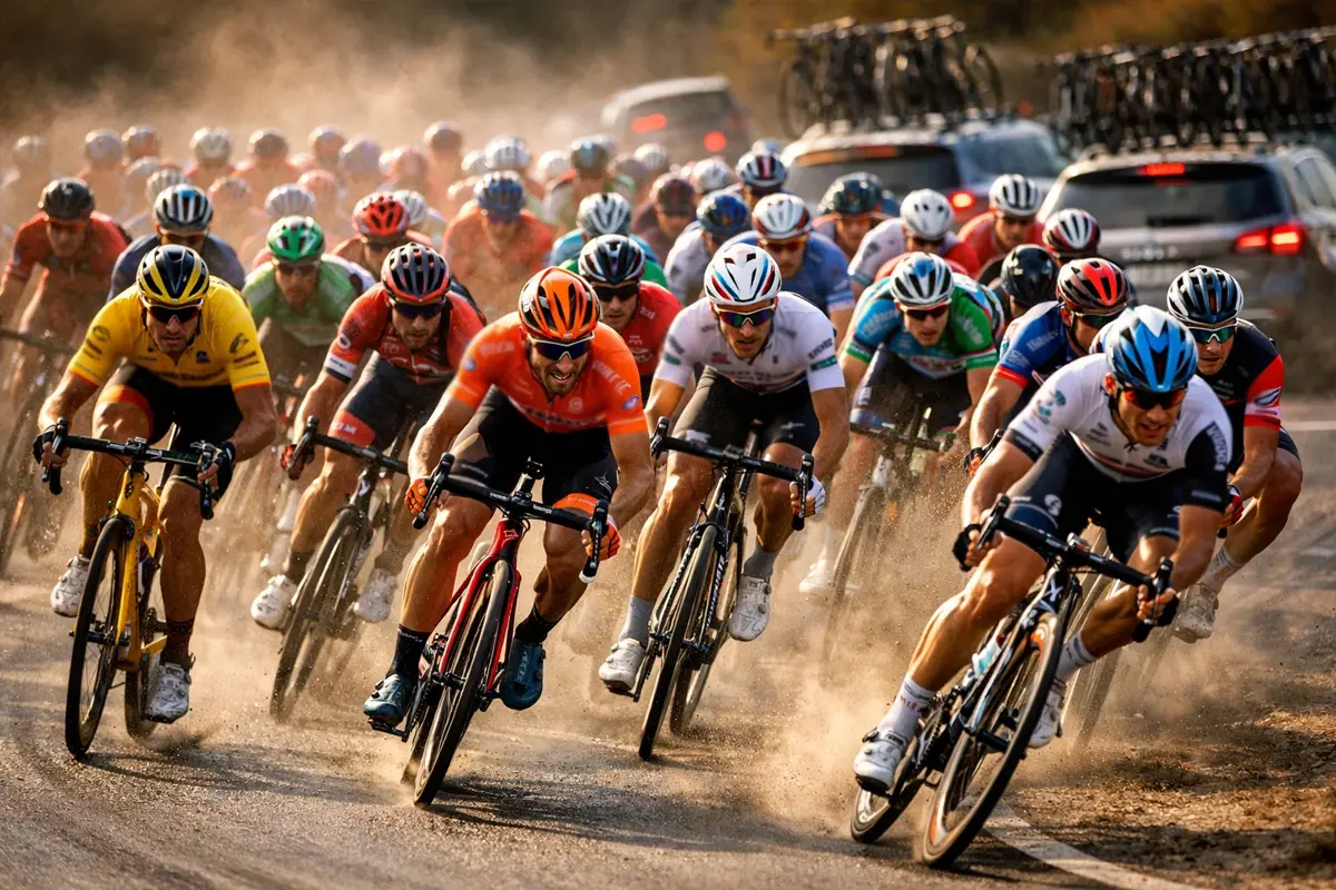 Peloton wielrenners in volle actie tijdens een spannend koersmoment