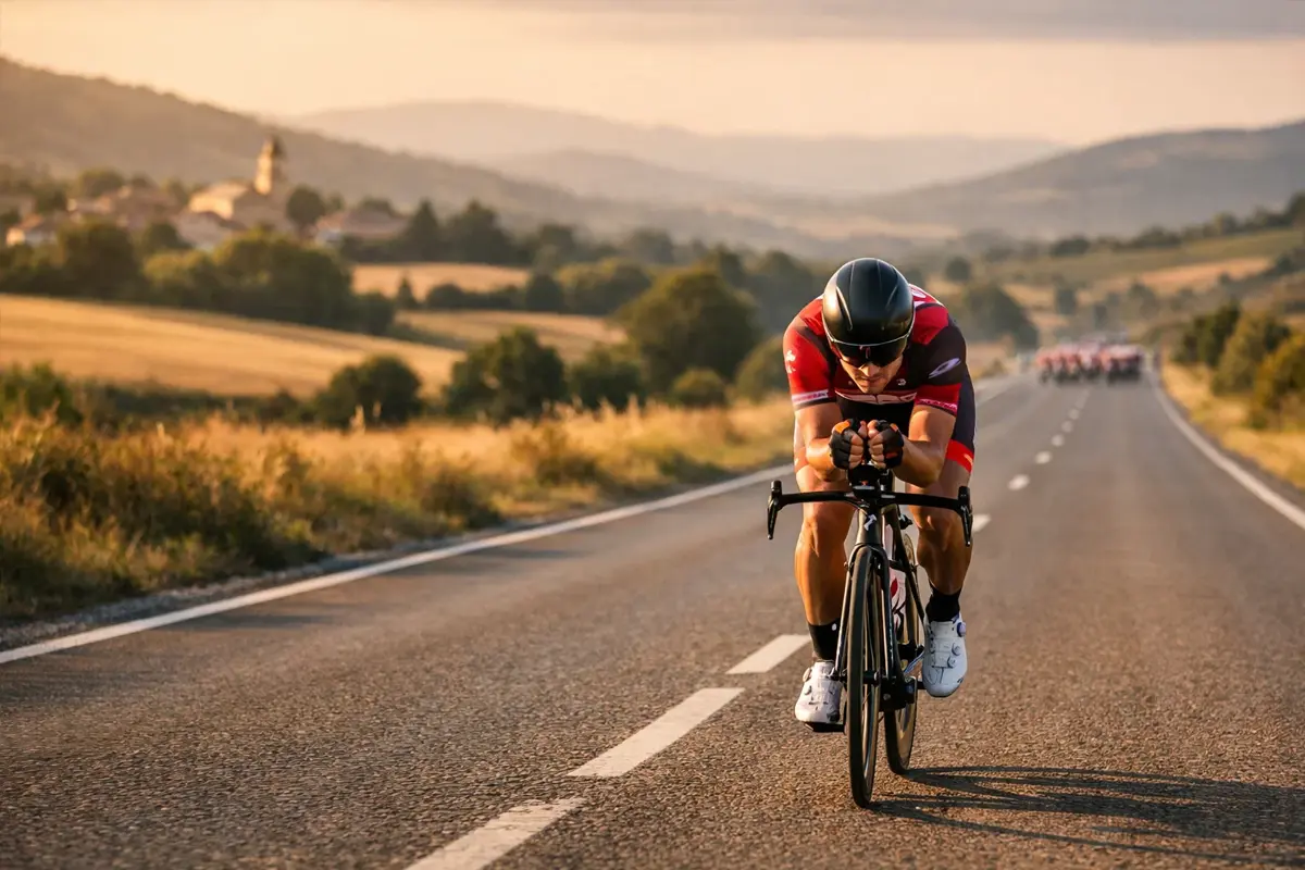 Solo wielrenner in ontsnapping met voorsprong op het peloton