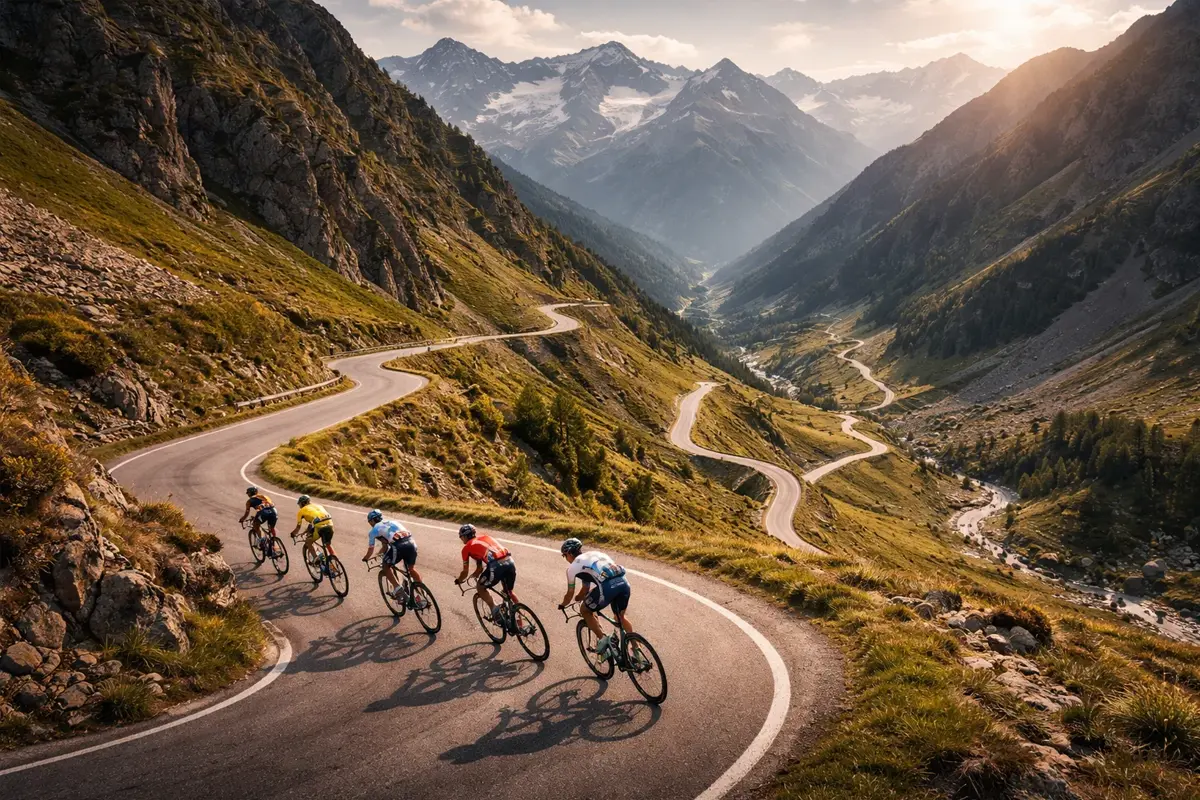 Wielrenners op een bergweg met zicht op het parcoursprofiel