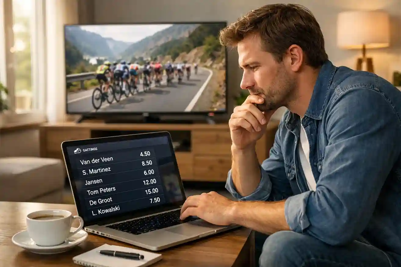 Wielrenfan bekijkt wedquoteringen op een laptop terwijl een koers op televisie wordt uitgezonden