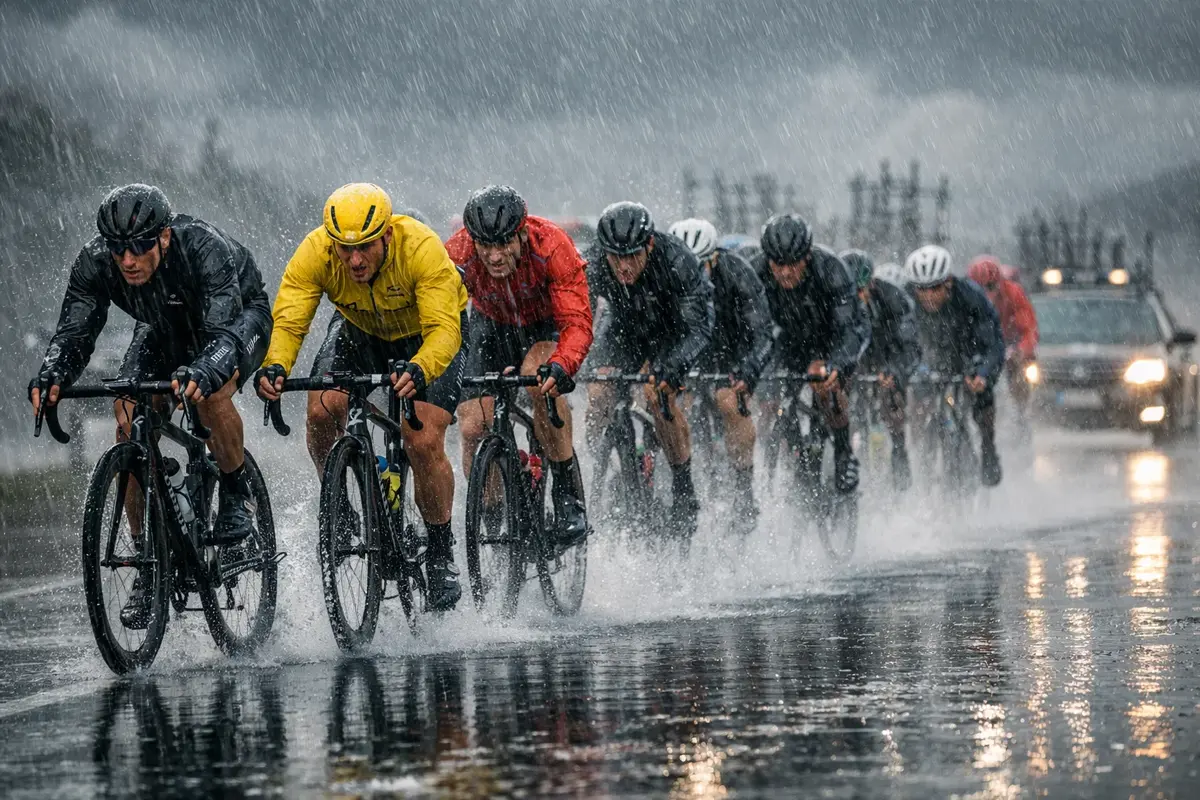 Peloton wielrenners in de regen op natte wegen