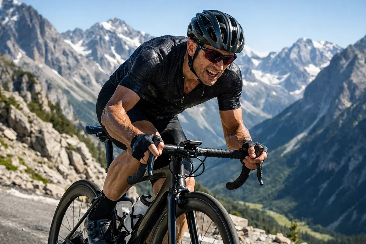 Wielrenner in klimhouding tijdens een bergrit met focus op inspanning