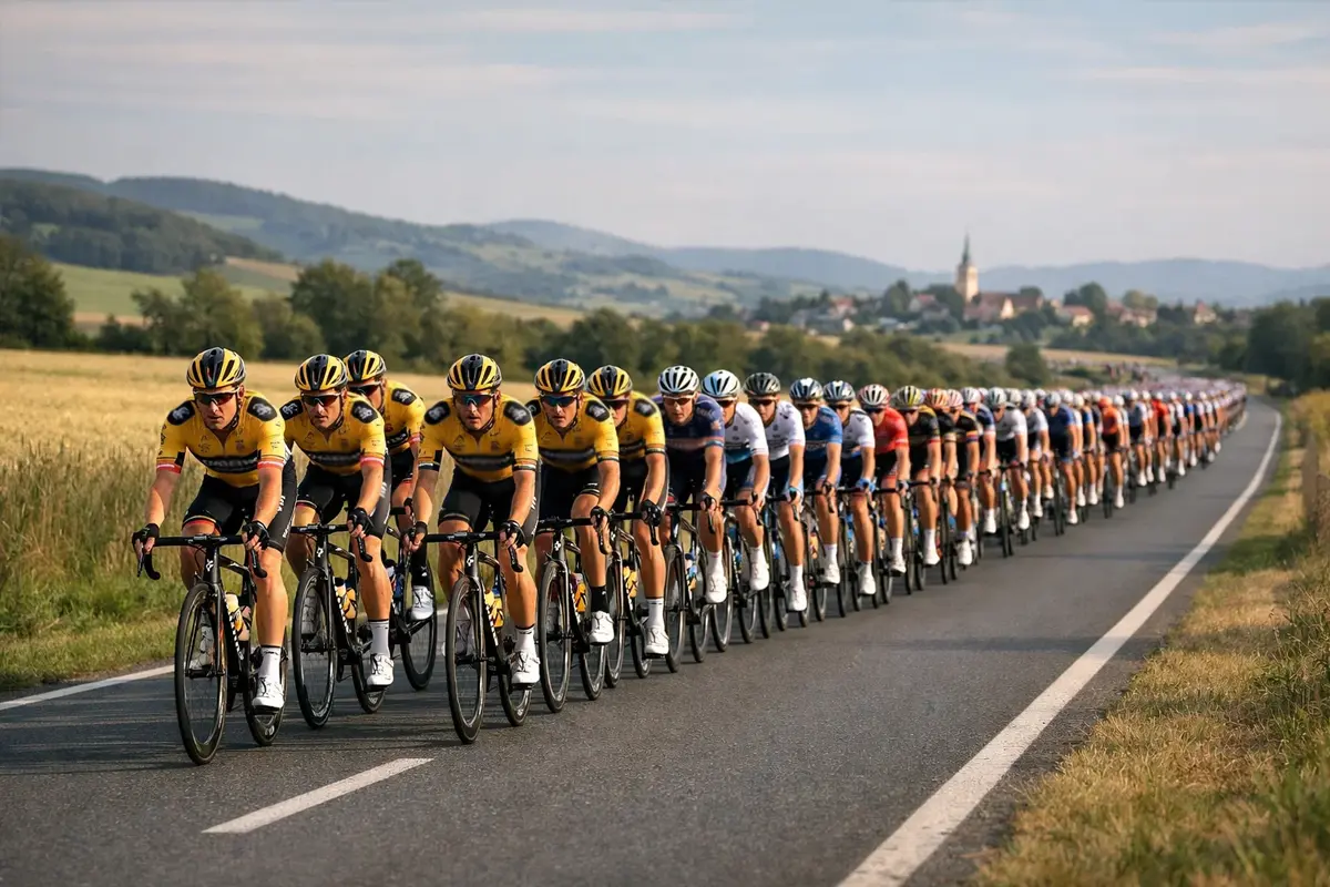 Gecontroleerd peloton wielrenners die strategisch koersen