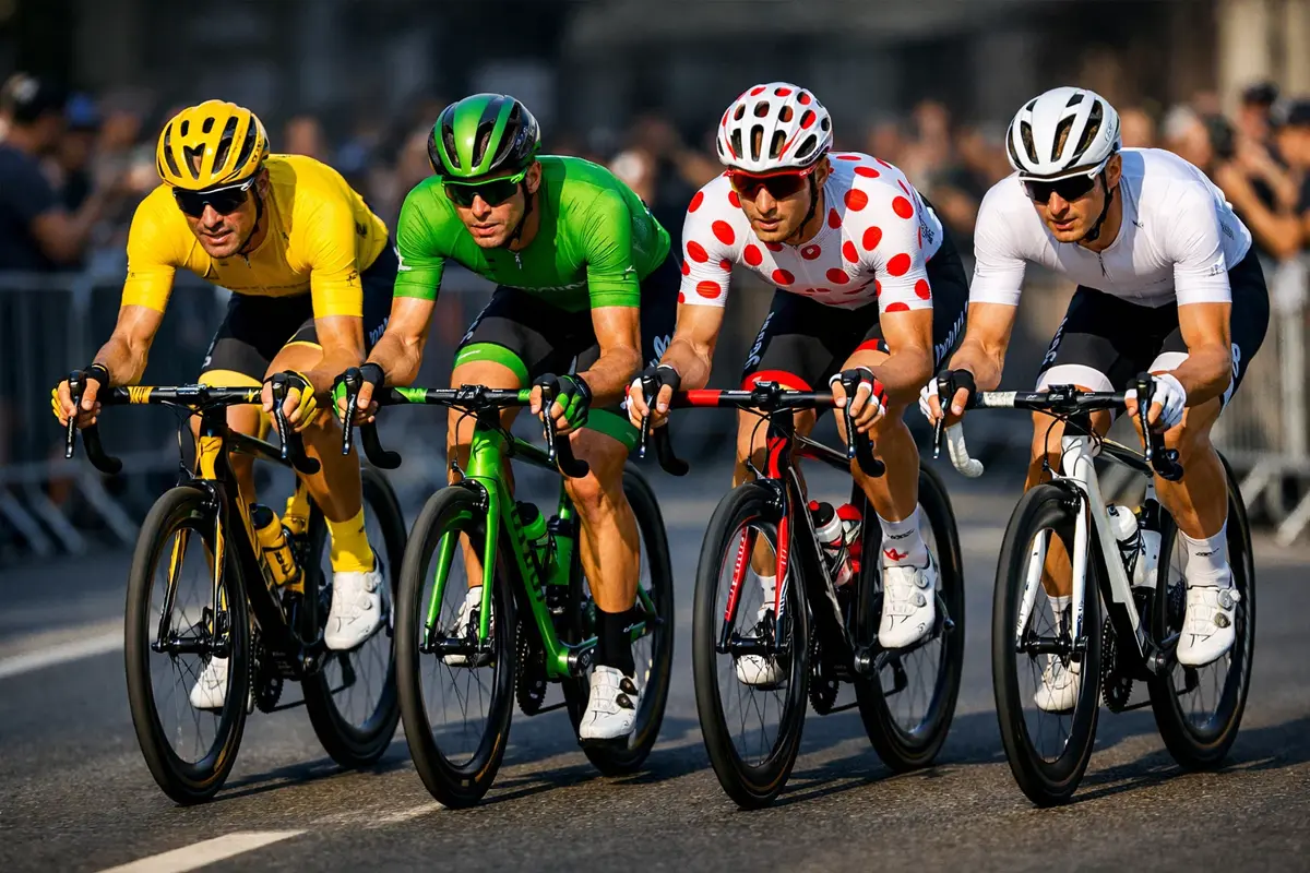 Wielrenners met verschillende gekleurde truien in een grote ronde