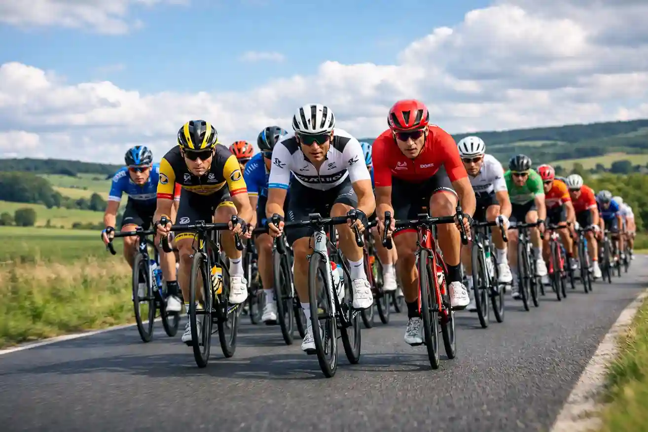 Wielrenners tijdens professionele koers op asfaltweg