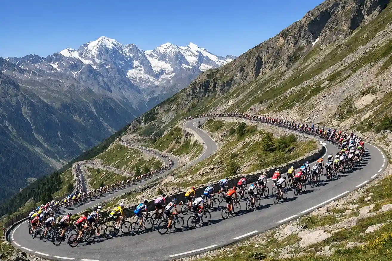 Professioneel wielerpeloton in berglandschap tijdens grote ronde
