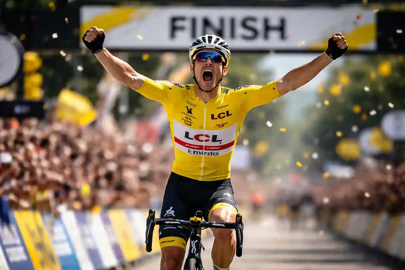 Wielrenner in gele trui passeert finishlijn