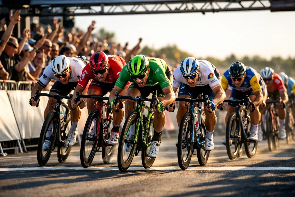 Wielrenners in een sprintfinish tijdens een grote ronde etappe